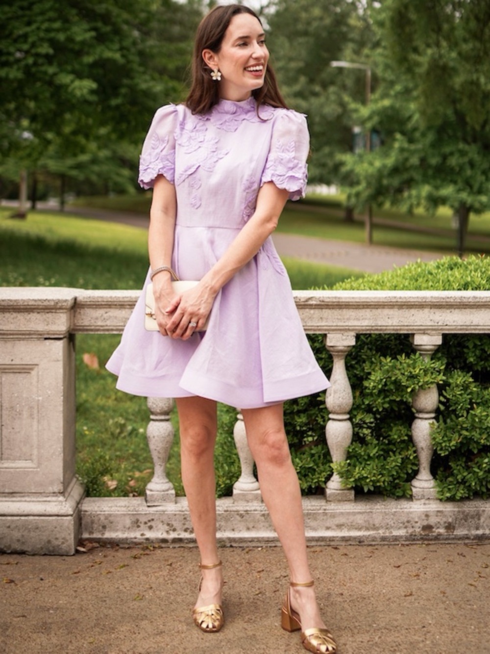 NWT Antonio Melani Iris Linen Floral Appliqué Lavender Purple Mockneck Dress